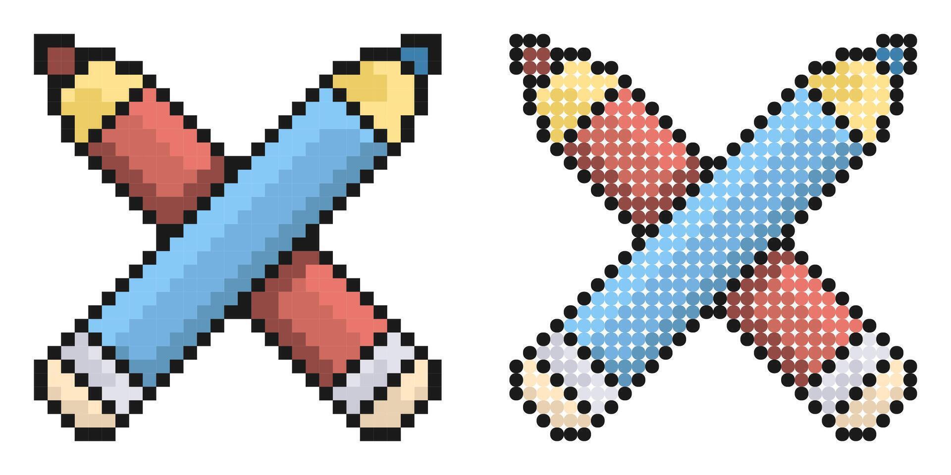 Pixel icon. Crossed school pencils. School stationery. Simple retro game image isolated on vector