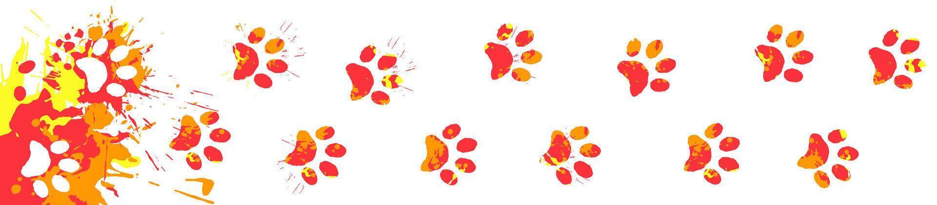 Track of cat footprints smeared in bright paint. Animal paw prints on splashes of watercolor vector