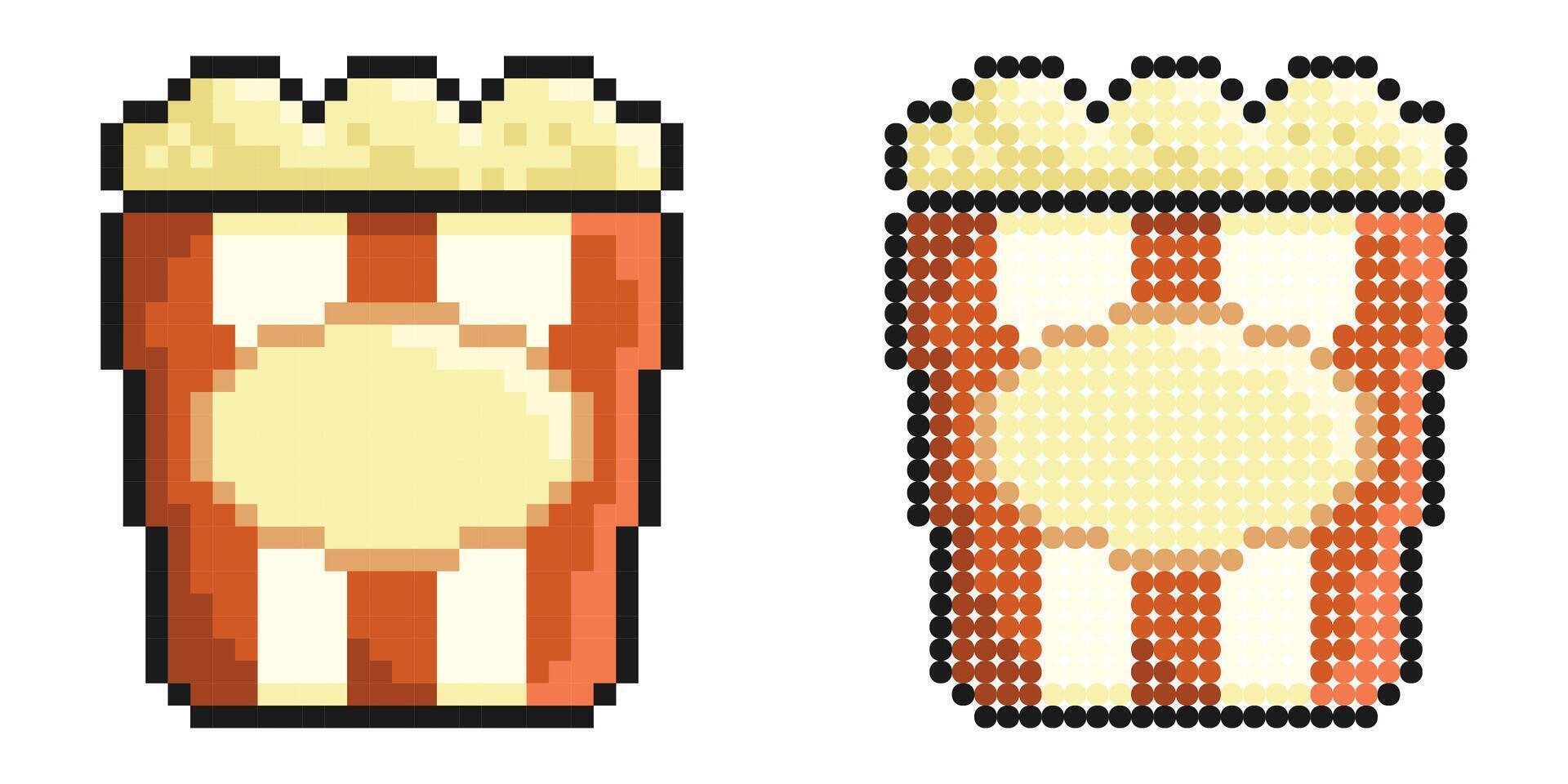 Pixel icon. Packet of popcorn, bucket of airy dessert. Leisure at cinema. Simple retro game isolated on white background vector