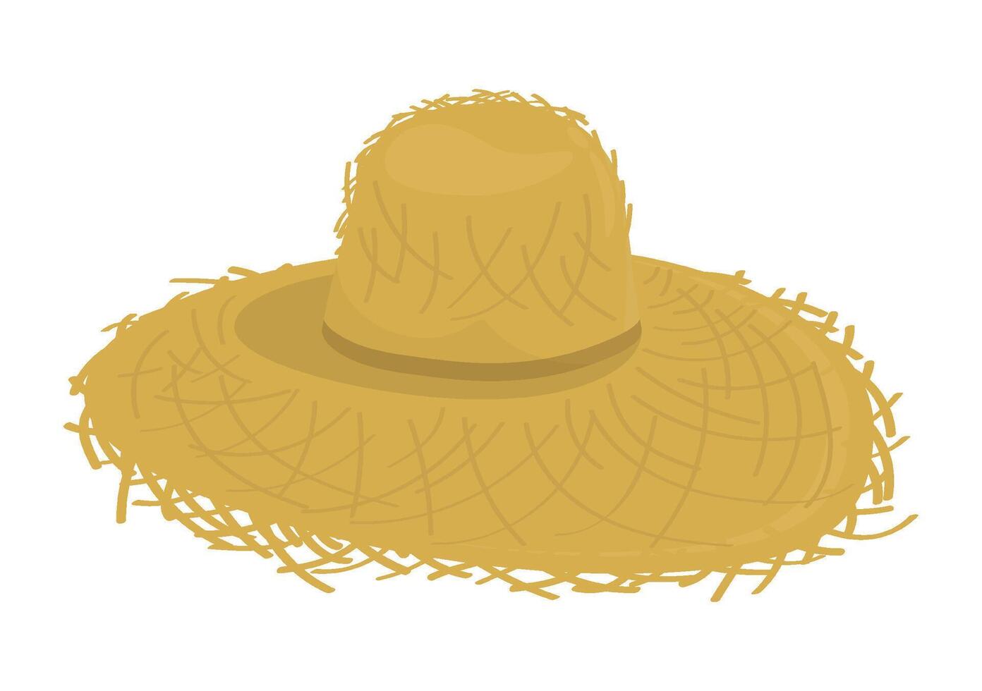 Old wide brimmed straw hat of rural farmer. Antique clothes, headdress made of straw of villager. Cartoon isolated on white background vector