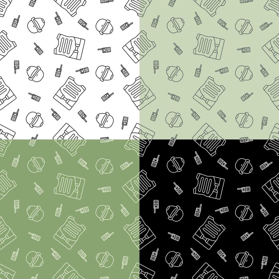 set of seamless patterns with soldier helmet, bulletproof vest and radio station. Ornament for decoration and printing on fabric. Design element vector