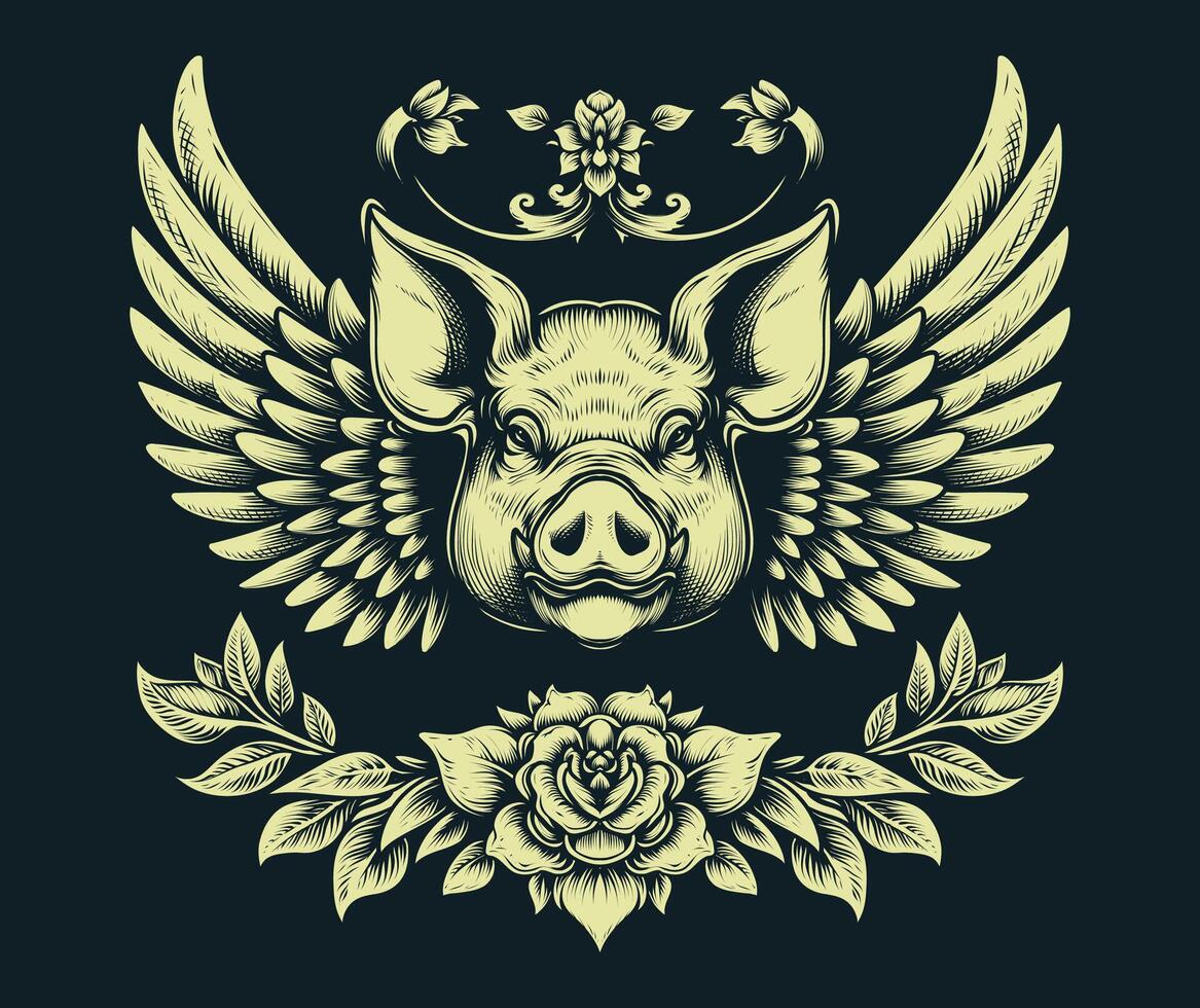 Winged pig head artwork with floral frame, combining fantasy and nature elements, ideal for tattoos, posters, and decorative design. vector