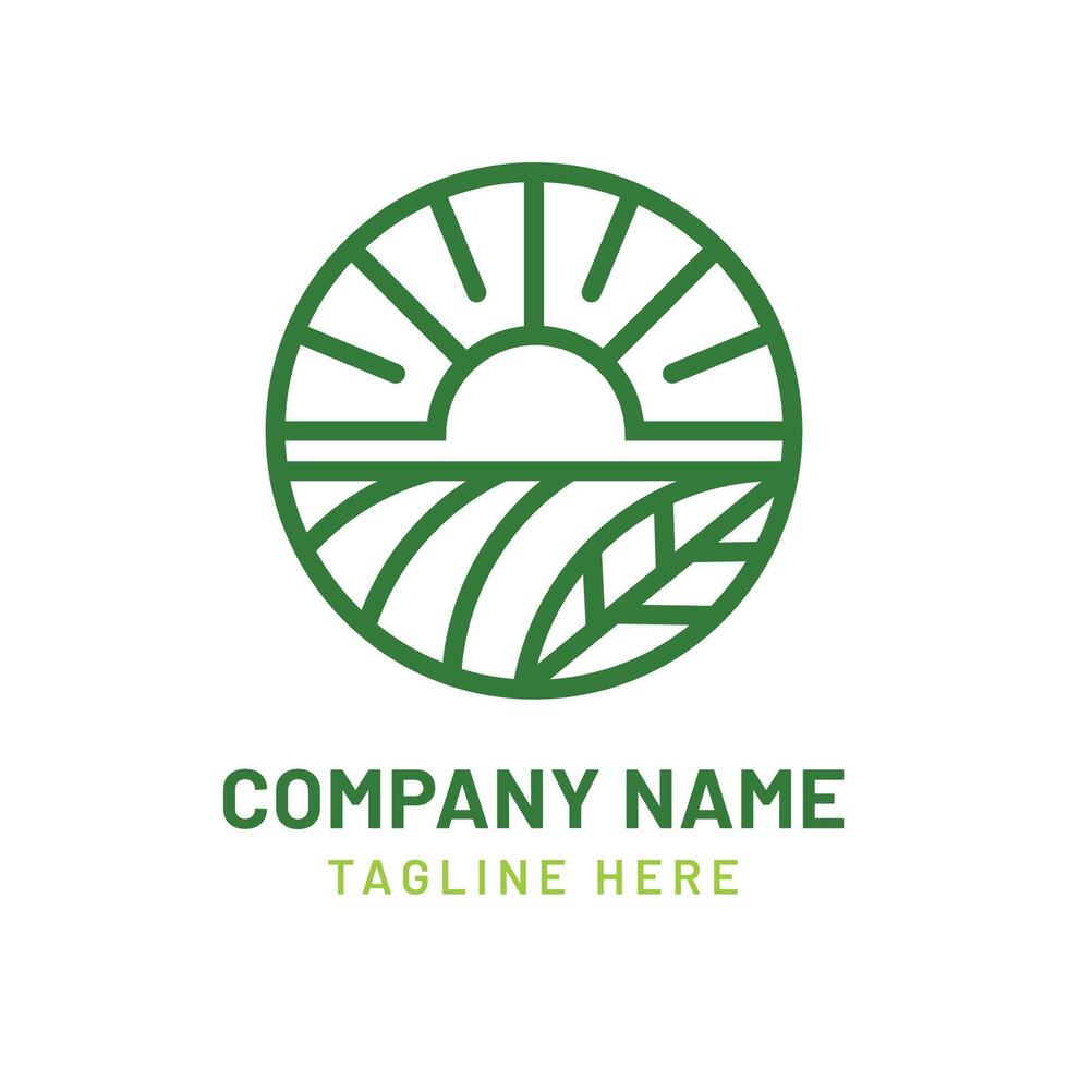 A serene farm landscape logo with a rising sun and green fields vector