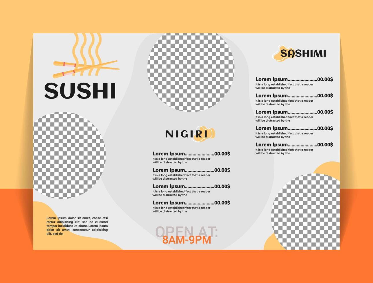 Modern Sushi Restaurant Menu Template, Placeholders for Images and Prices, Orange and Gray Color Scheme. vector