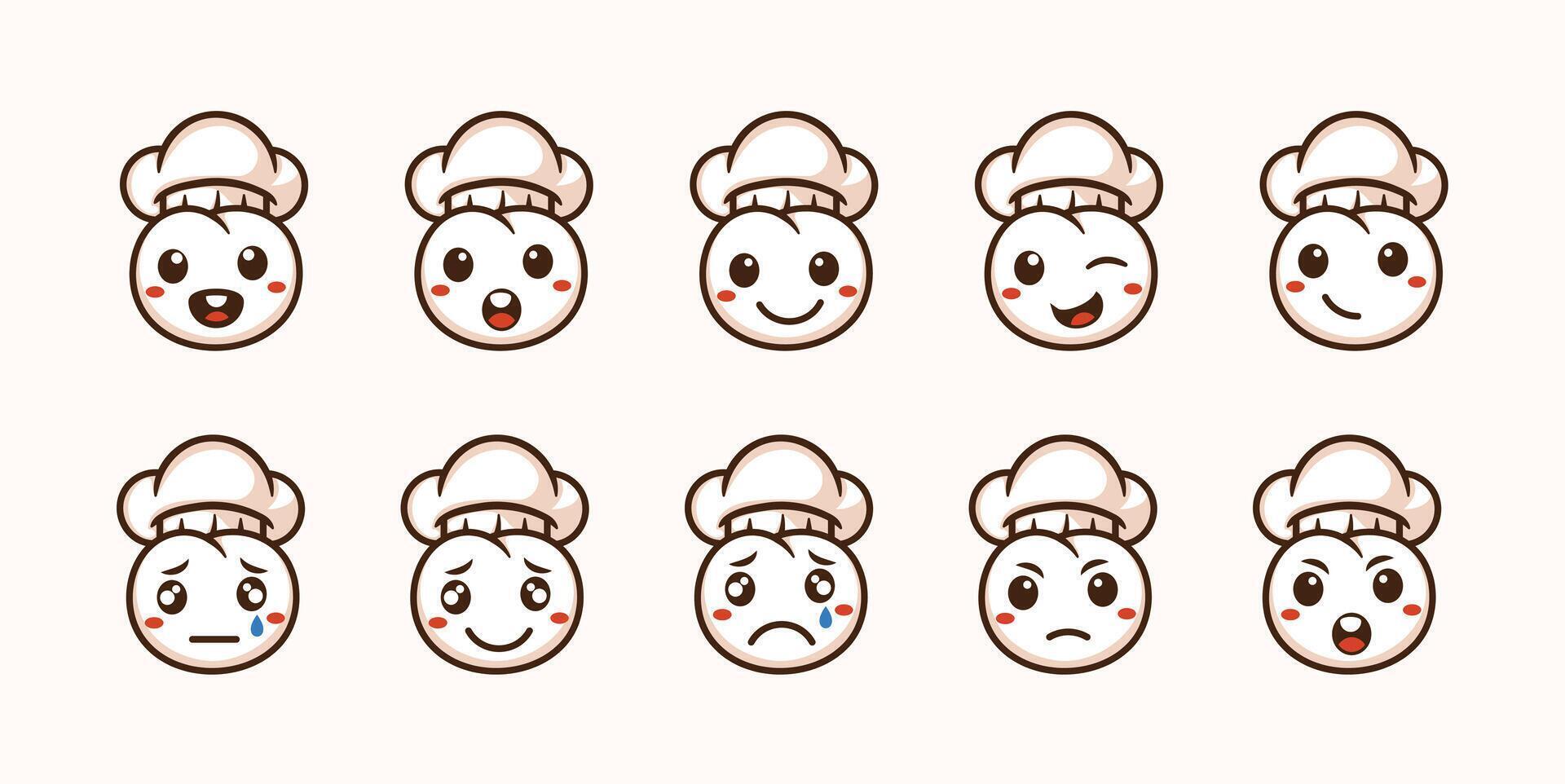 cute momo chef face expression emoji icon illustration set vector