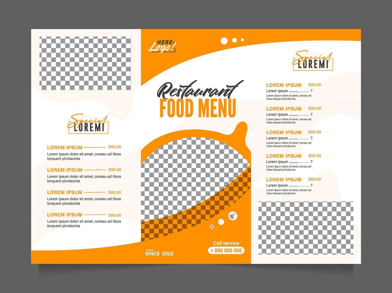 Modern Restaurant Bi-Fold Food Menu Template, Orange and White Design vector