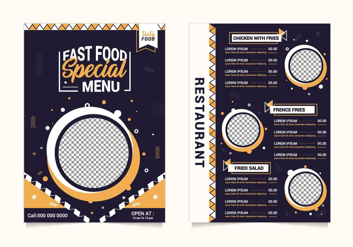 Modern Fast Food Restaurant Menu Template, Bold Geometric Design, Vibrant Colors, Placeholders for Images vector