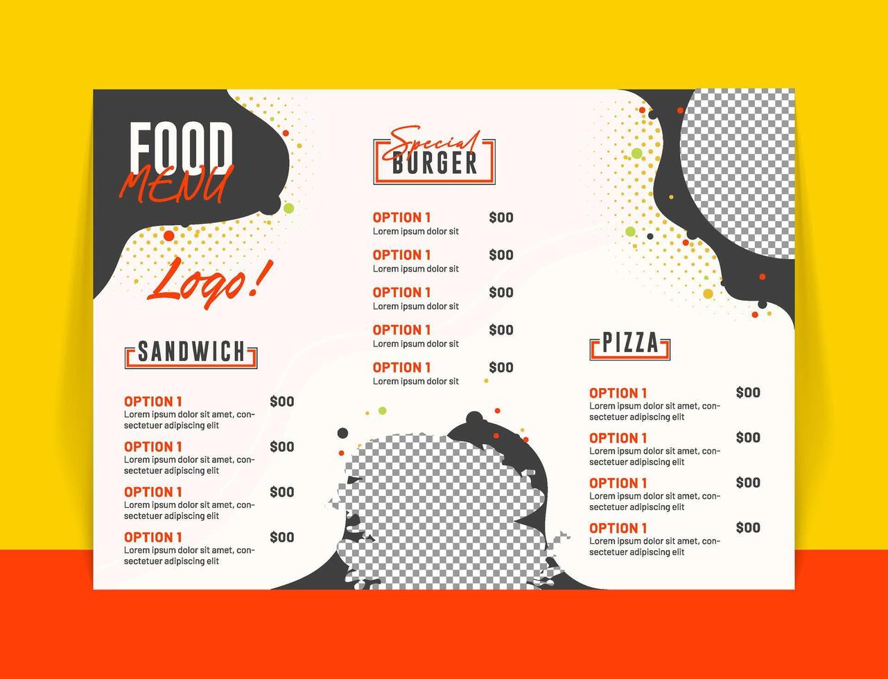Modern Restaurant Menu Template, Bold Graphics, Vibrant Colors, Clean Layout, Food Menu Design. vector