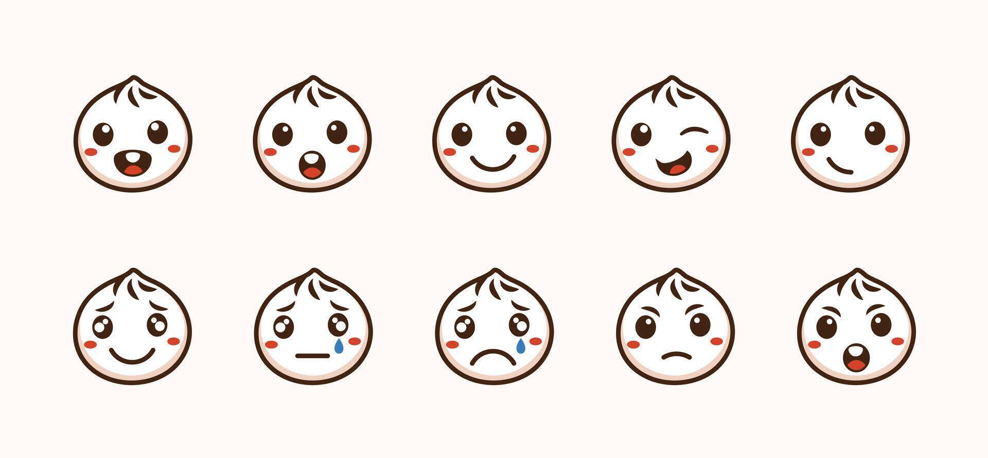 traditional dumpling and momo food facial expressions premium illustration set vector