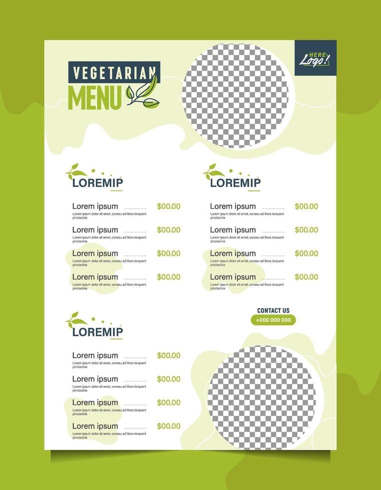 Elegant, Modern and Creative Vegetarian Restaurant Menu Template, Clean, Green Design with Placeholders. vector