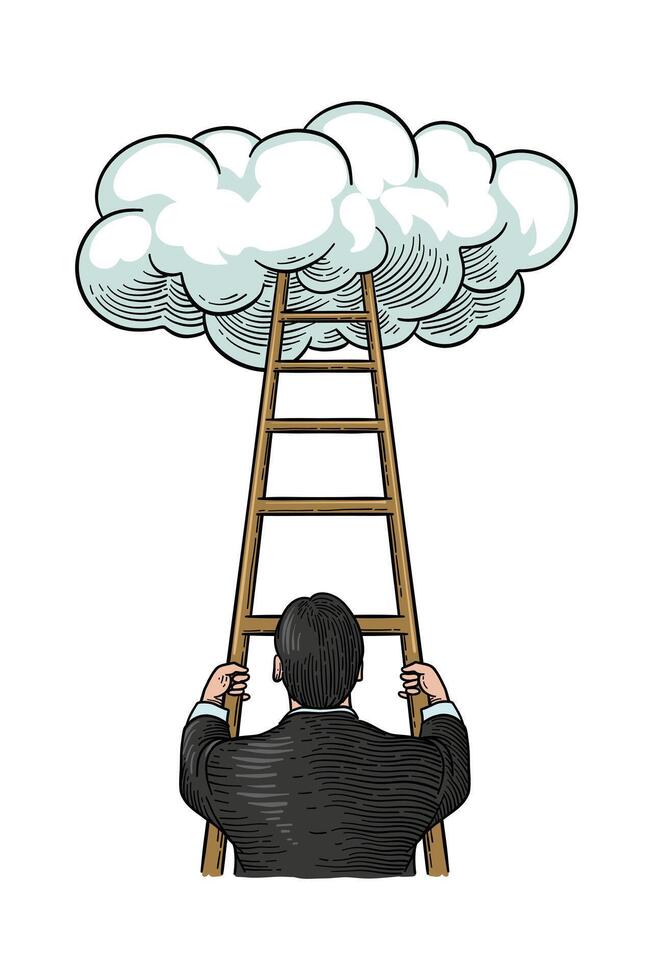 illustration of a man climbing a ladder to the clouds vector