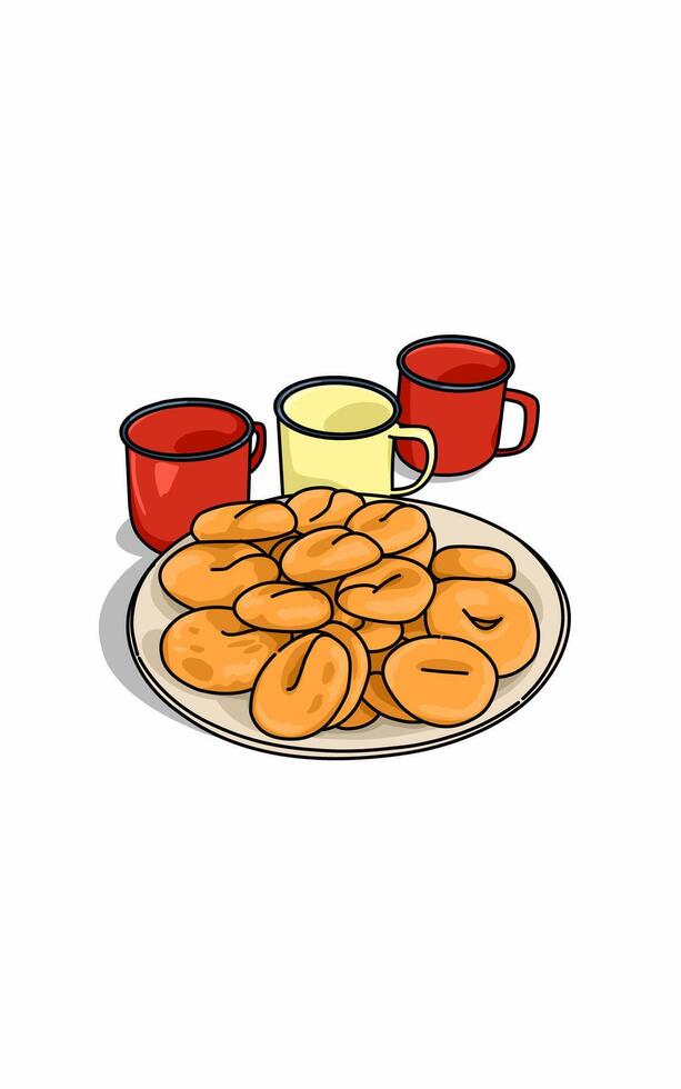 A plate of classic Donuts and three cups of coffee in a traditional kitchen vector