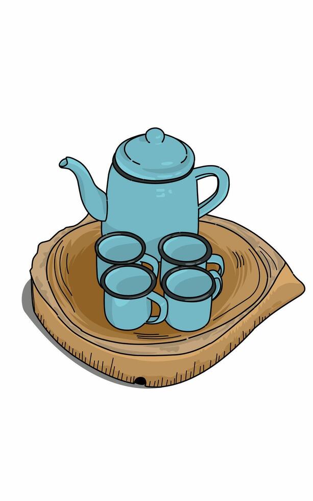 A traditional blue tea kettle and some enamel cups On a wooden board vector