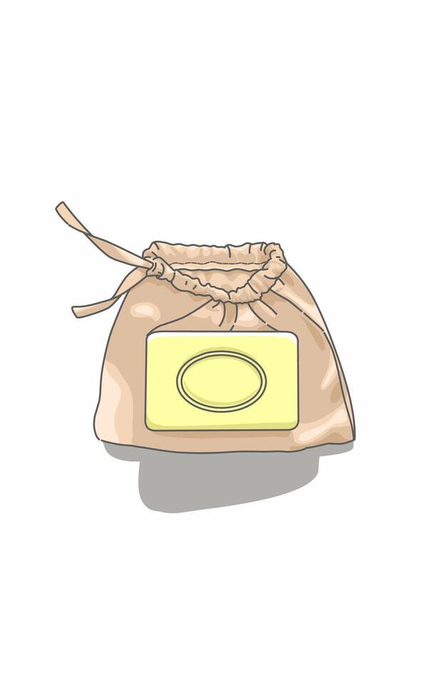 Nature Soap pouch and yellow bar soap issolated on white. Items for bathing vector