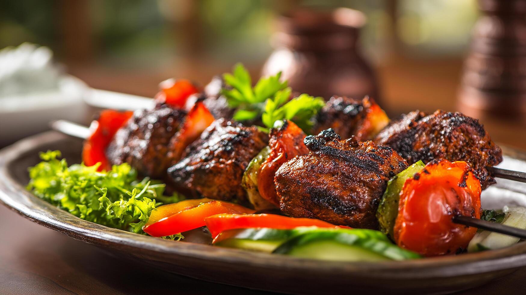 Tasty juicy kabab with fresh parsley and juicy chili flakes garnish photo
