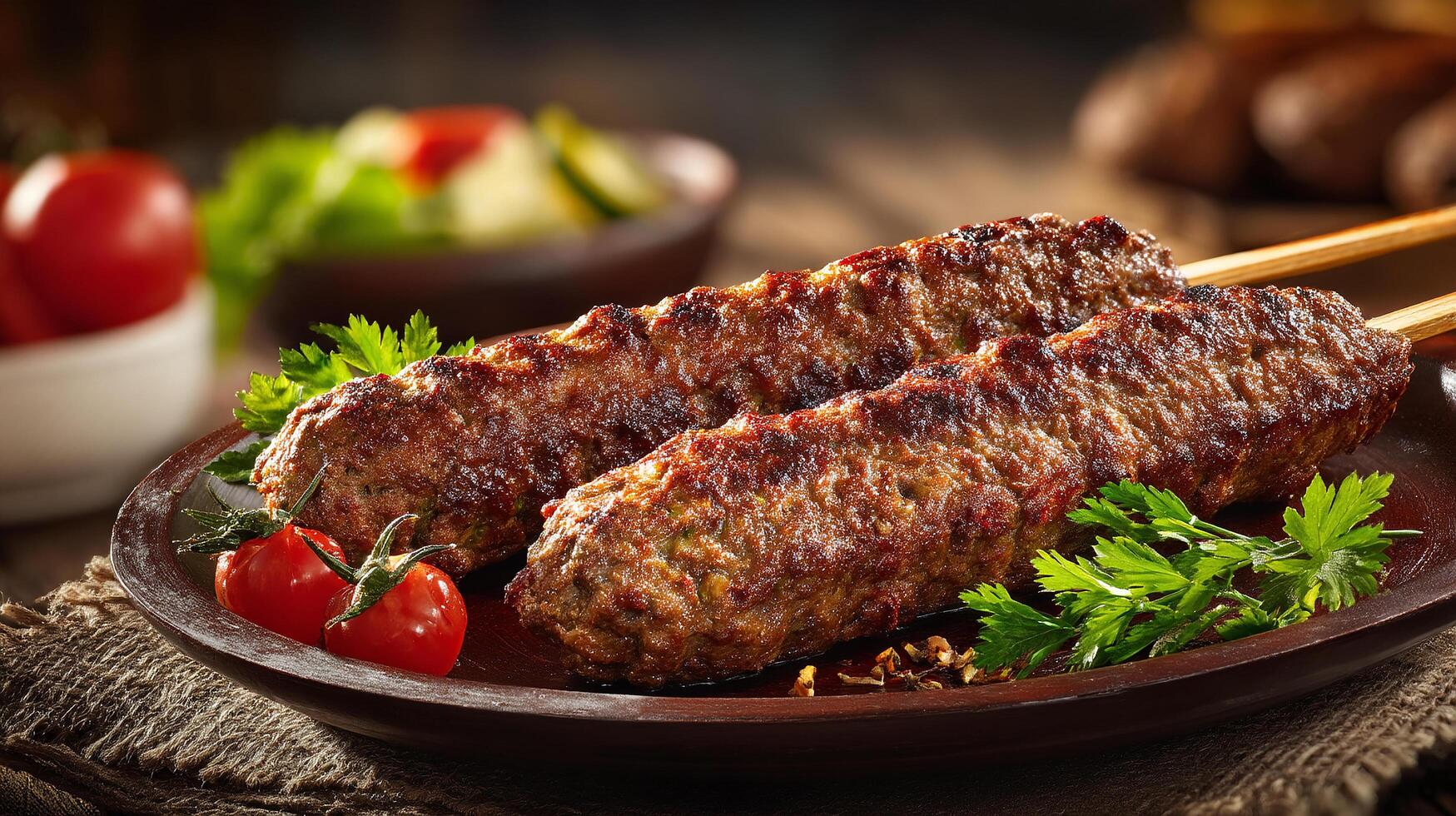 Juicy kabab on rustic plate with bright fresh juicy garnish photo