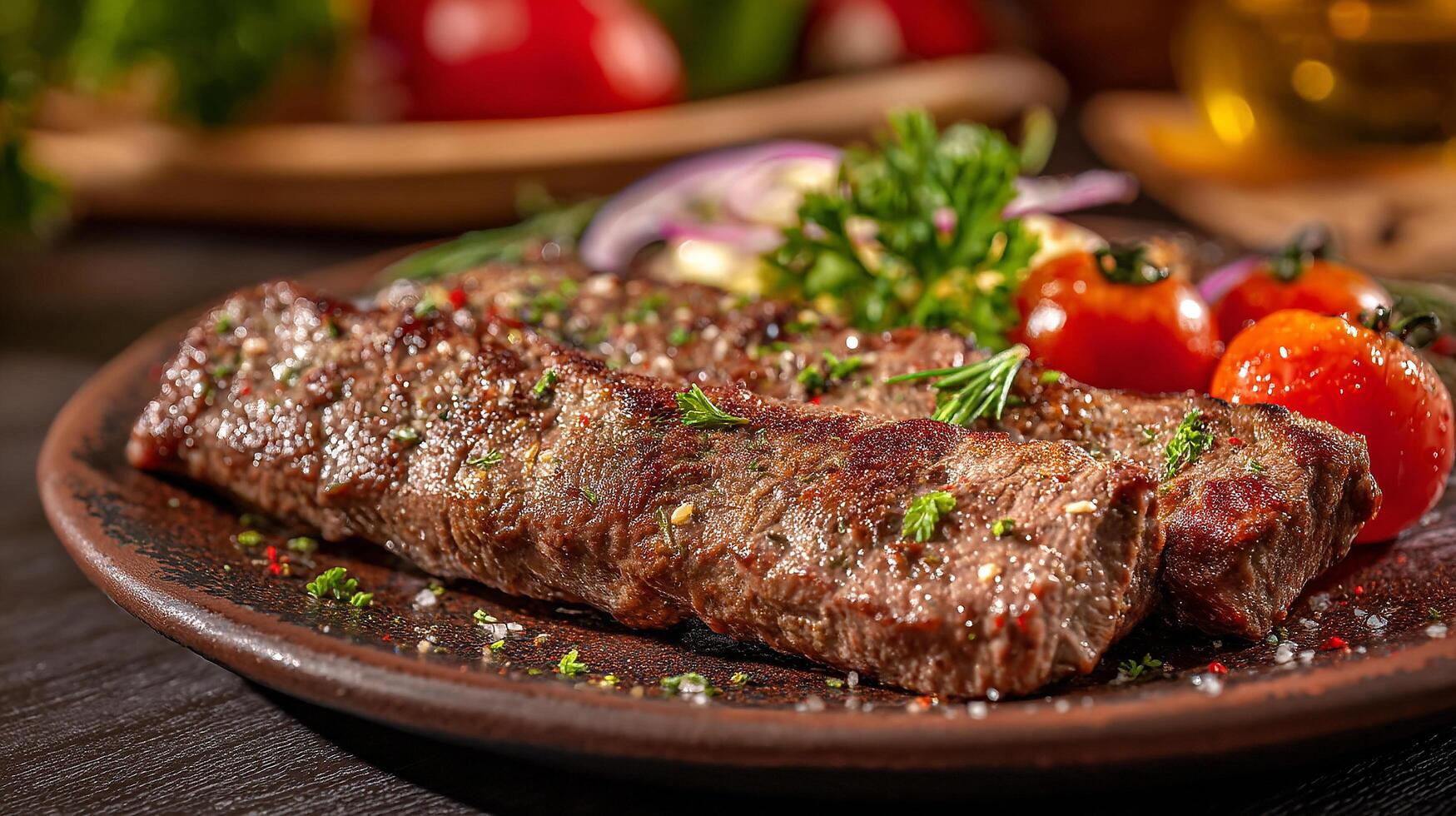 Appetizing juicy kabab served with roasted peppers and juicy greens photo