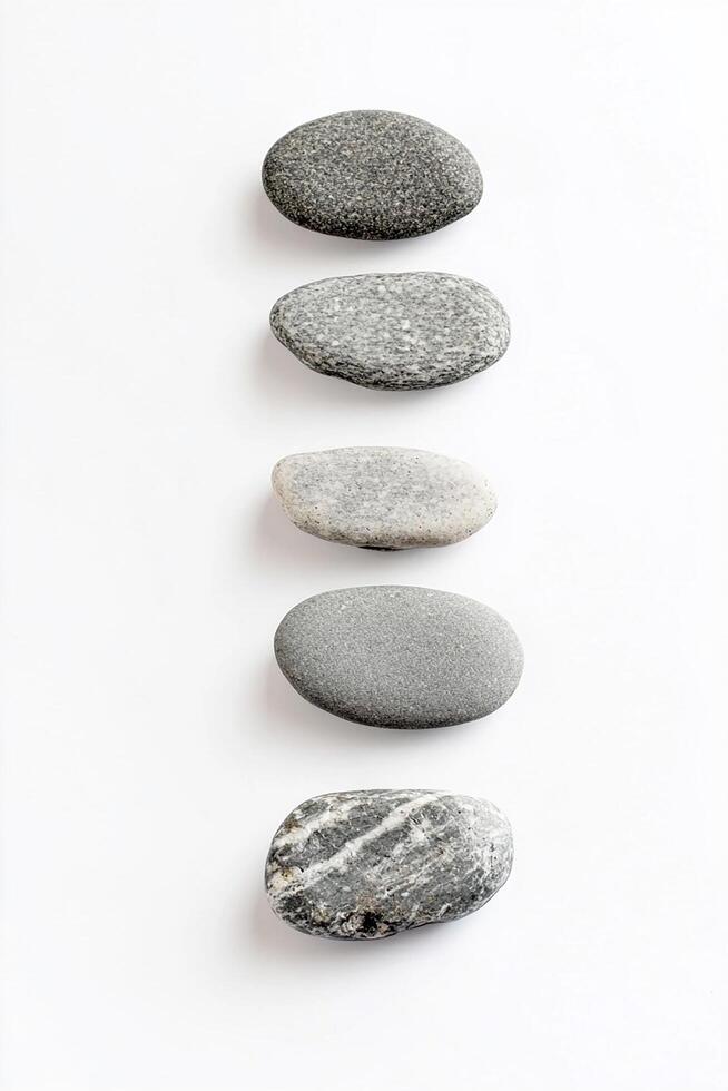 A simple top down view of five smooth gray stones stacked vertically on a white surface photo