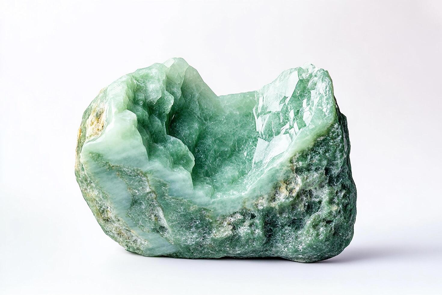 A close up shot of a green geode rock formation with a hollow center on a white background photo