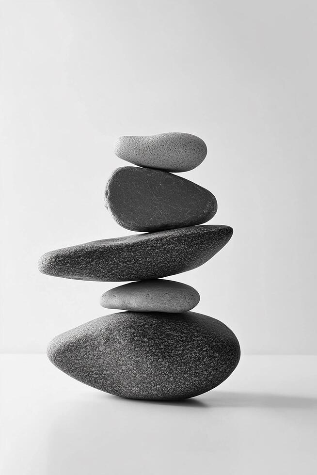 A monochrome image showcasing a stack of five smooth stones balanced on top of each other photo