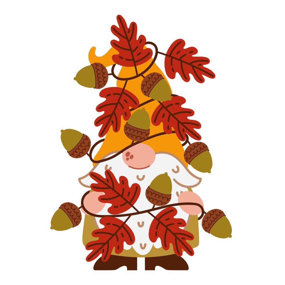 Funny autumn gnome illustration. A cute elf with a beard is wrapped in a garland of oak leaves and acorns. Scandinavian character. Dwarf in a hat. Cartoon clipart for Thanksgiving, fall party vector