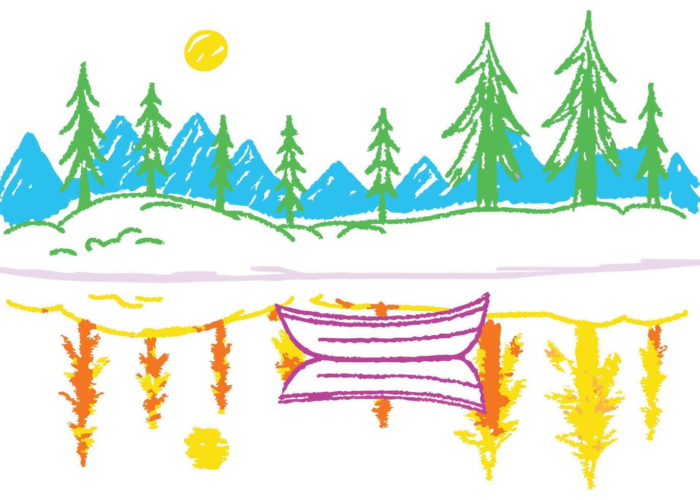 A vibrant summer landscape illustration of trees and mountains under a blue sky vector