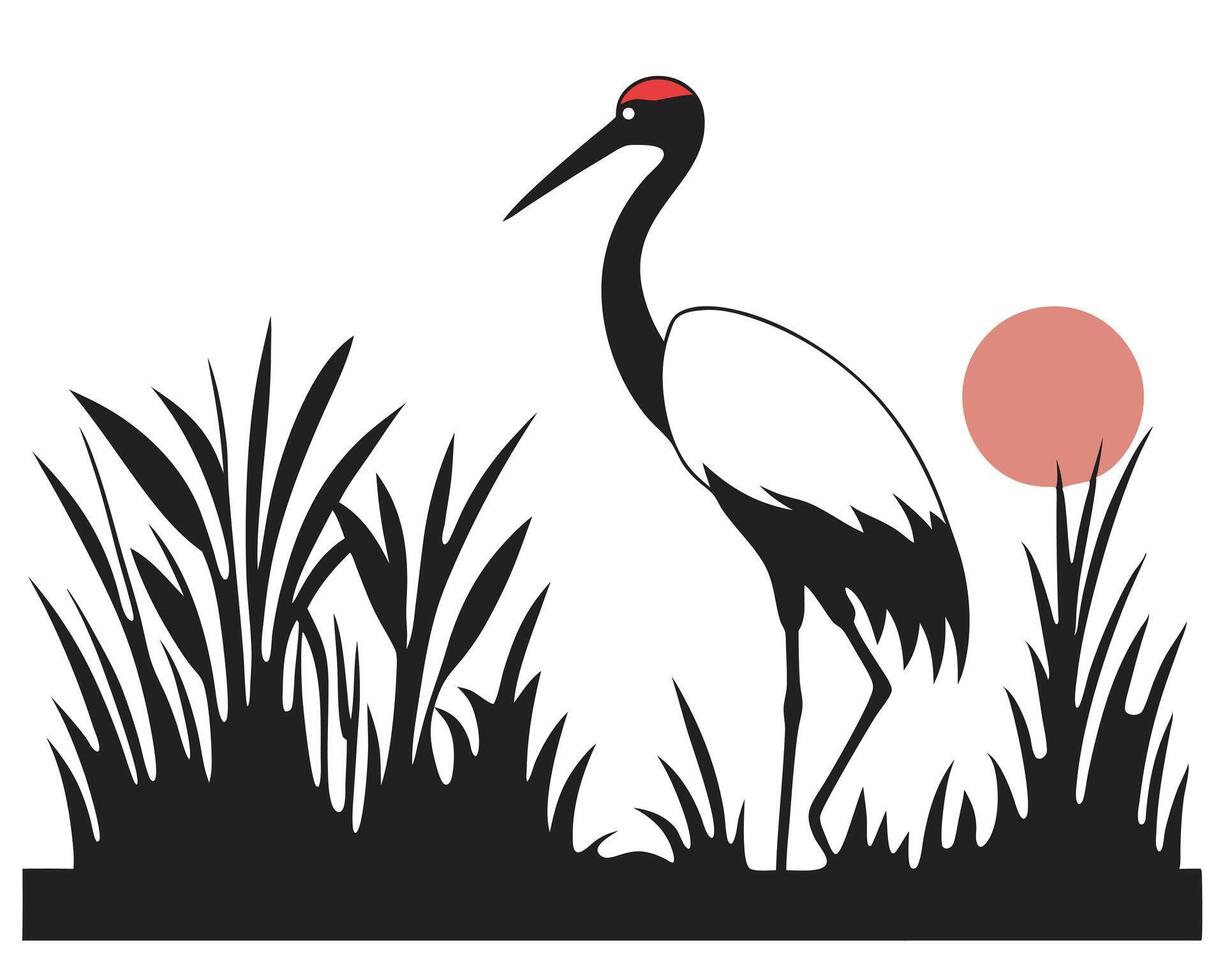 Black and white illustration of a graceful crane, swan, and other wild birds vector