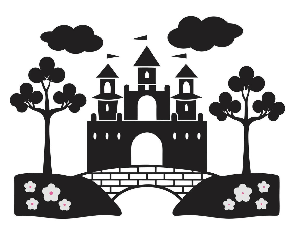 House of a illustration of a building in a cartoon art style with trees and clouds vector