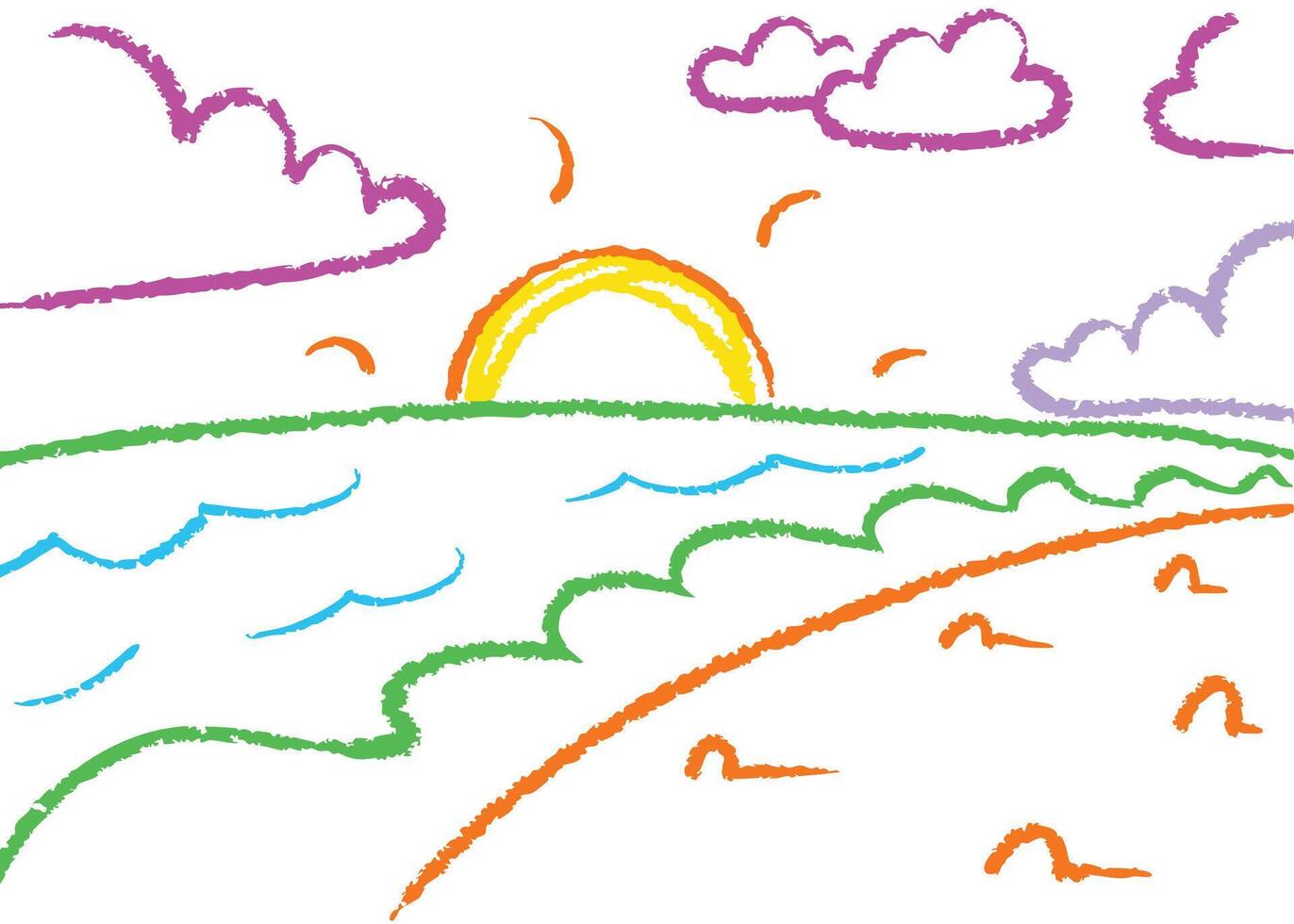 A vibrant summer landscape illustration of trees and mountains under a colorful sky with river vector