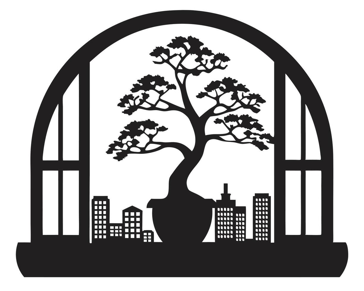 City skyline at night with silhouette of urban buildings and tree illustration black shilhouette design vector