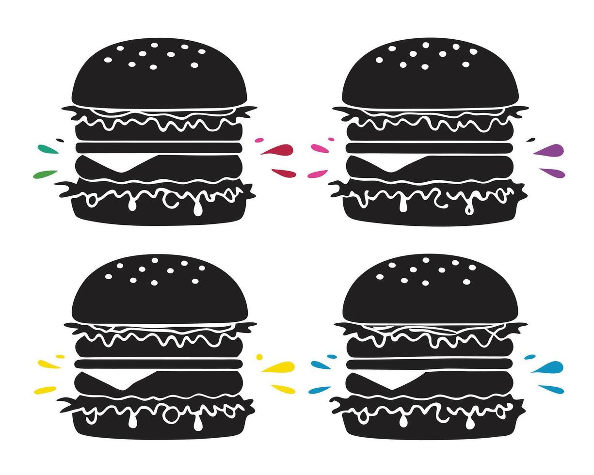 A illustration of a set of isolated fast food icons, including burgers vector