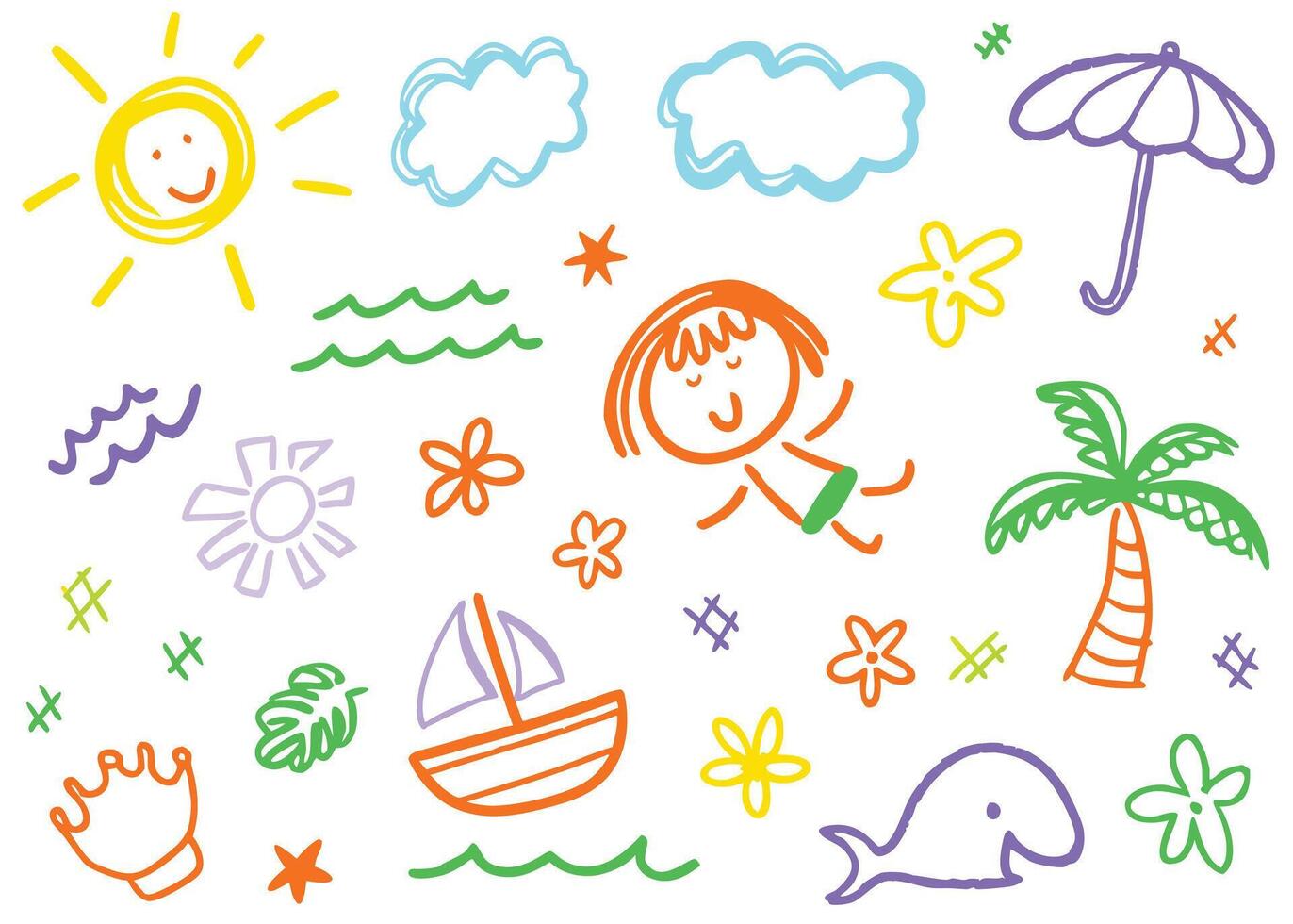 Colorful set of hand drawn cloud,sun,boat,tree, umbrella vector