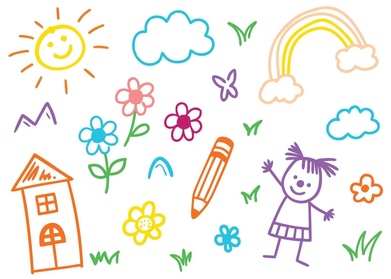 Colorful set of hand drawn cloud,sun,boat,tree, pen,grass vector