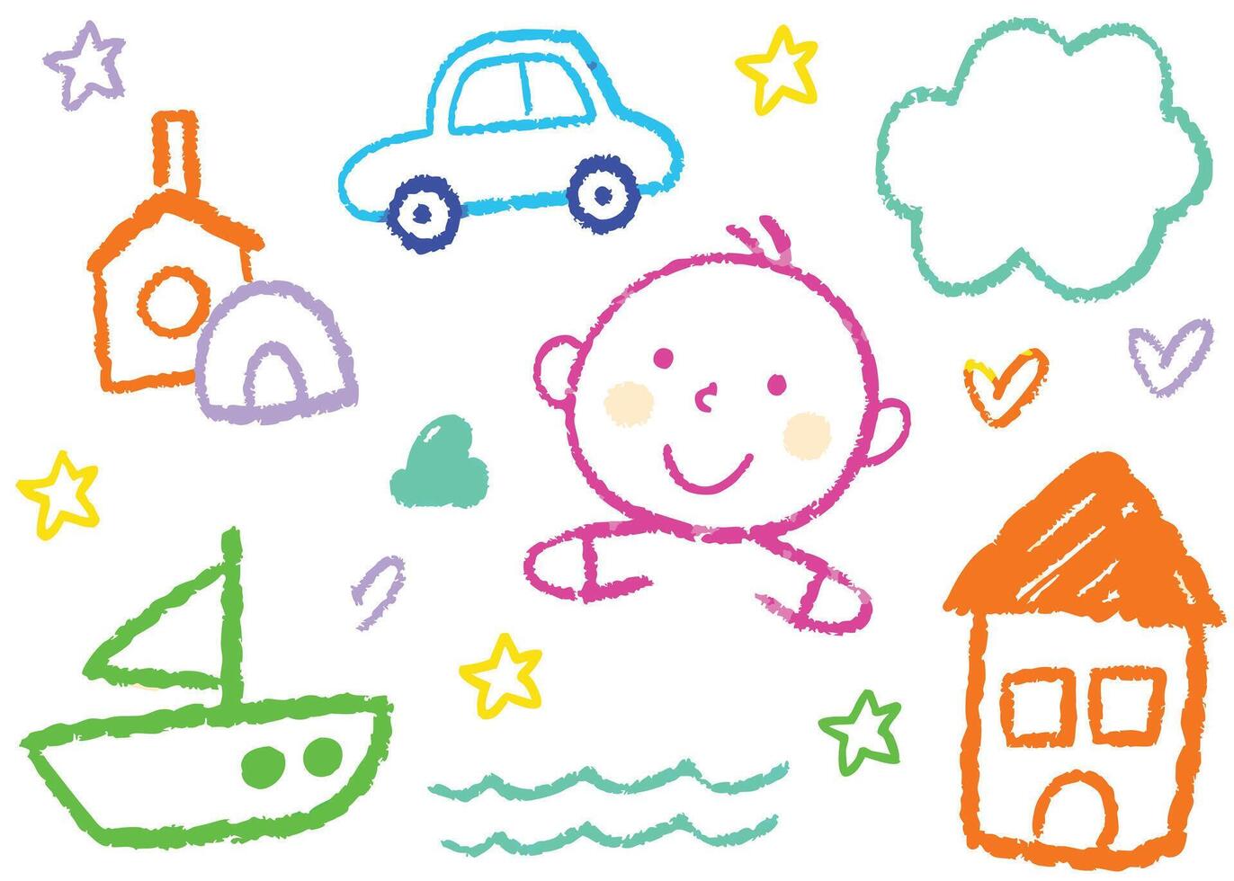Colorful set of hand drawn cloud, car, home vector