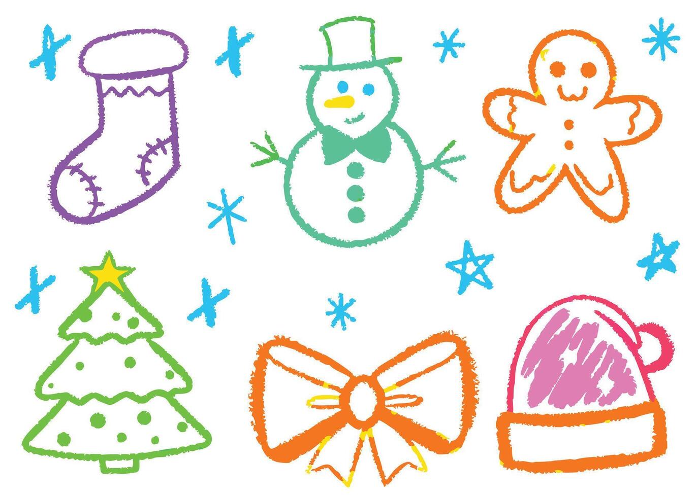 This festive set features charming cartoon Christmas icons, including Santa, snowmen, trees, gifts, and holiday decorations, perfect for celebrating the new year eve vector