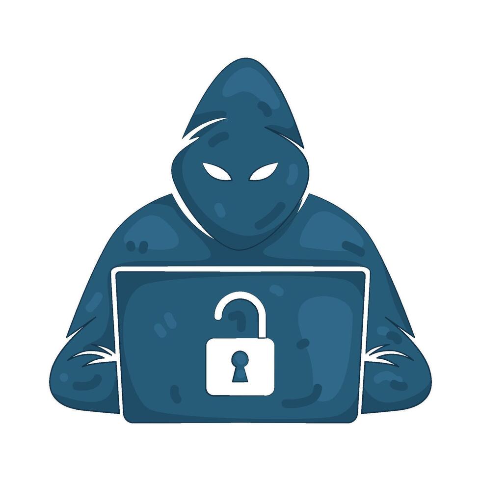 Hacker with Laptop and Unlocked Padlock vector