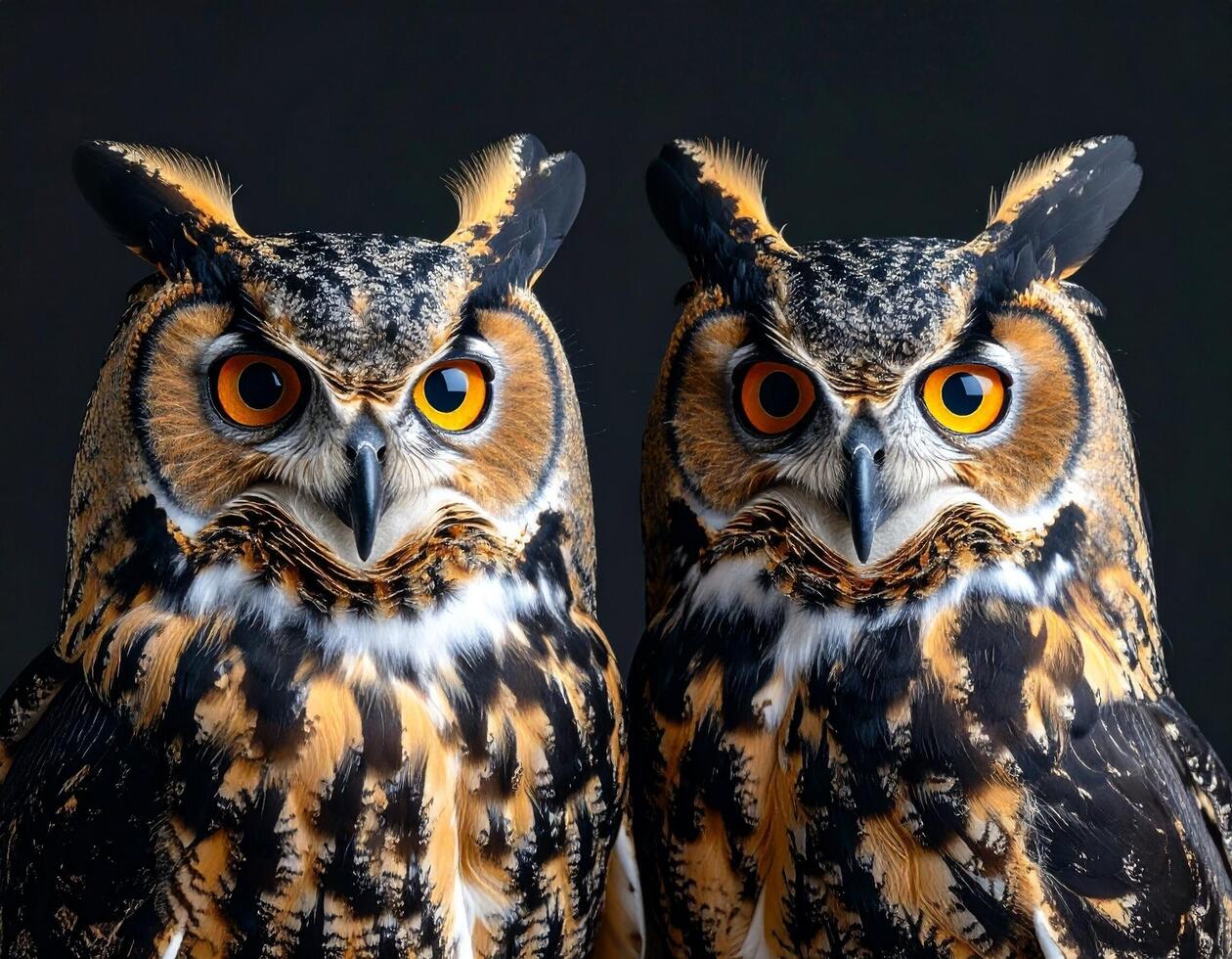 Two owls looking at the camera on a black background photo