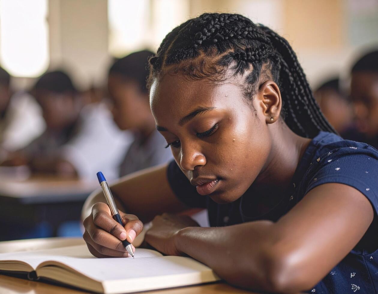 Close up of a young girl in a school writing in the classroom photo