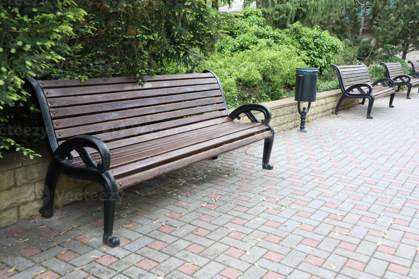 A Charming Wooden Park Bench Nestled in a Peaceful and Serene Outdoor Setting Surrounded by Nature photo