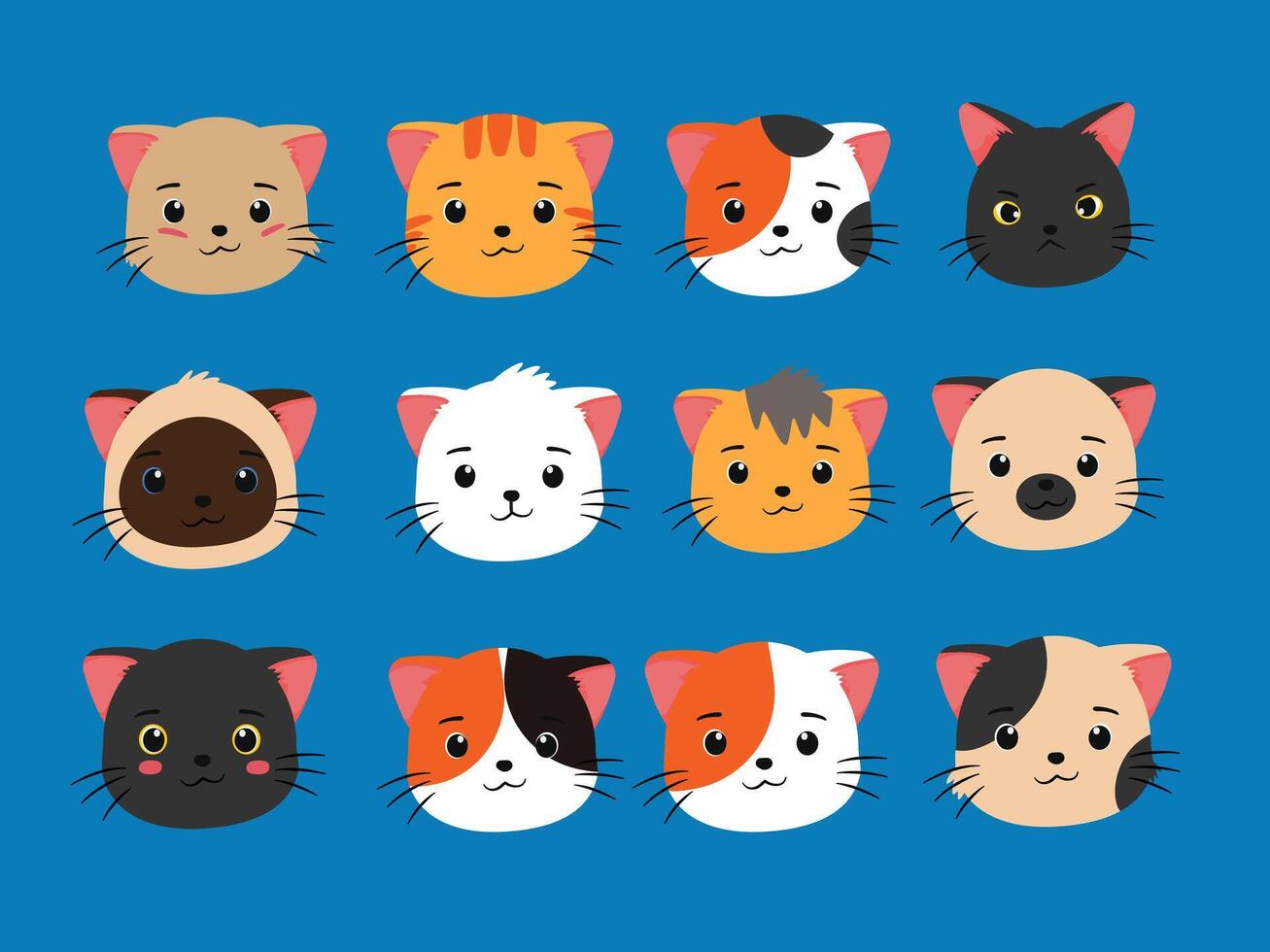 Cute Cat Heads Collection from Various Breeds in Chibi Kids Illustration Style vector