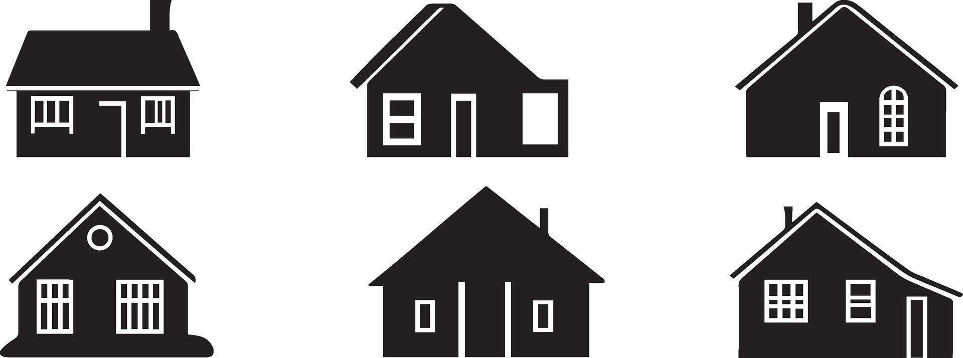 Six House Icon Set Simple Black Home Silhouettes for Design Projects vector