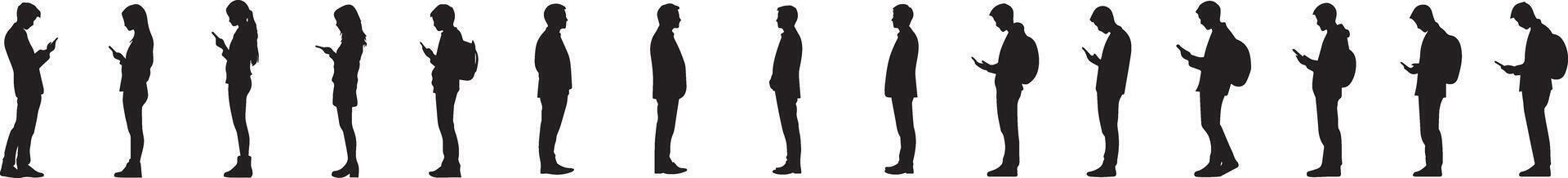 Silhouette People Using Mobile Devices A Row of Individuals on Smartphones vector