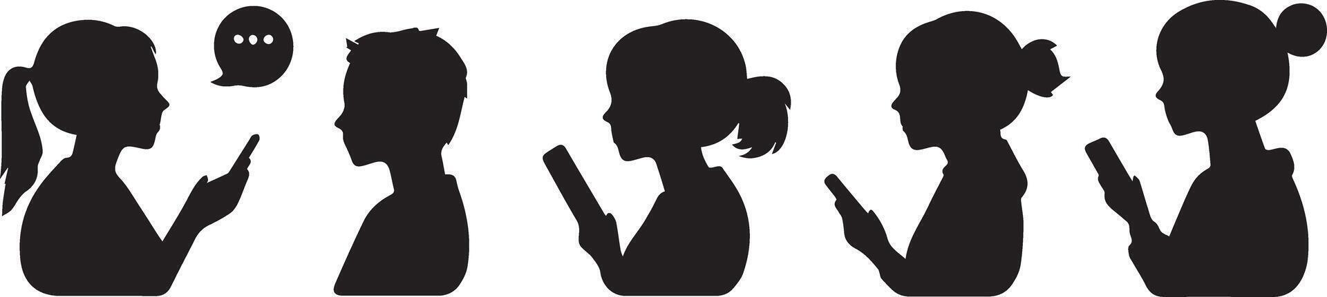 Silhouette Icons Children Using Phones and Chatting Communication and Technology Graphics vector