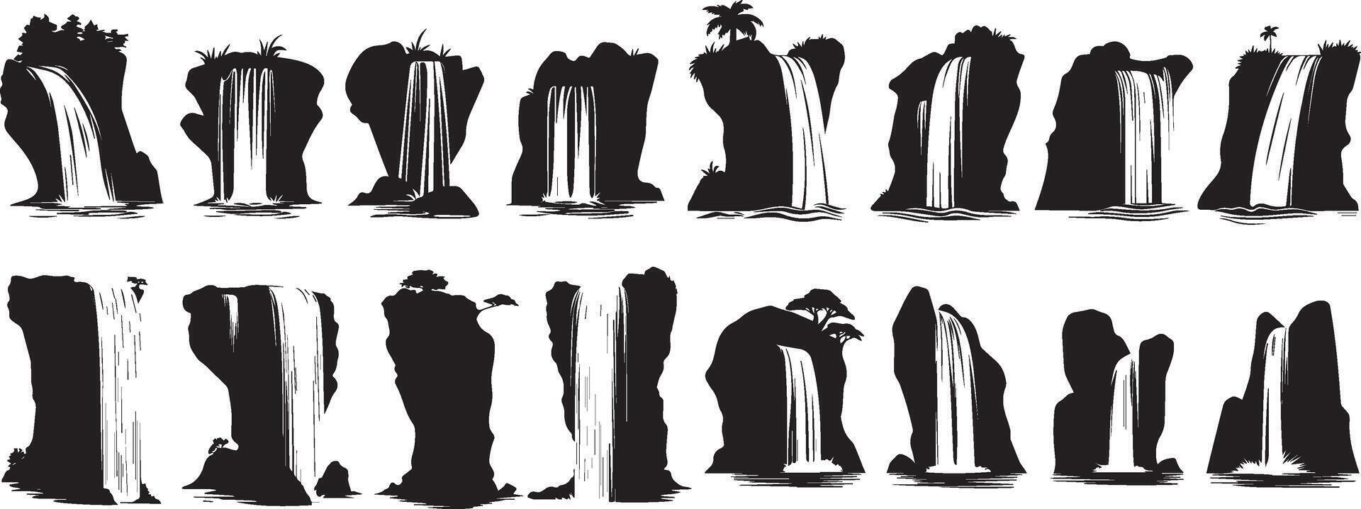 Collection of Waterfall Silhouettes Nature Graphics for Design Projects vector