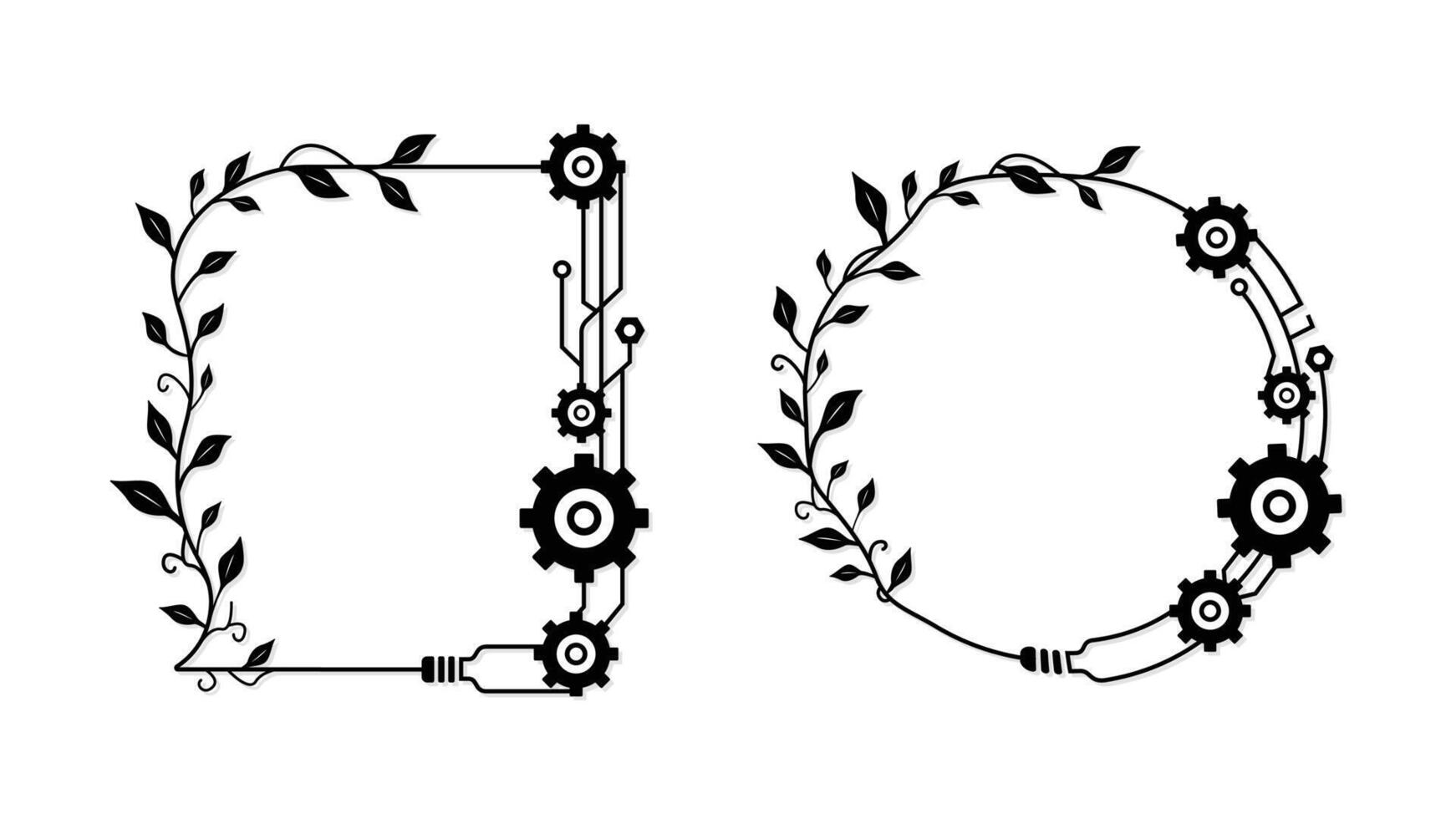 Abstract floral and technology mixed set of frames line art, digital integration gear polygonal web and leaf or branch border, network futuristic frame editable stroke illustration vector