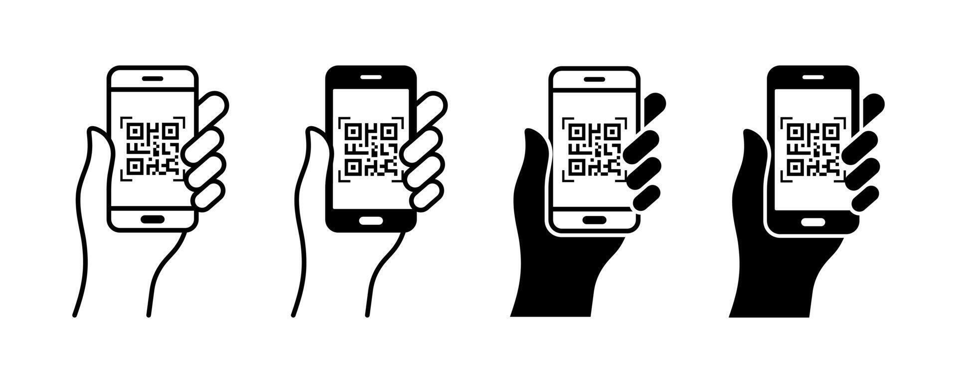 QR code scan icon with a smartphone. Mobile phone scanning QR code icon. Hand holding a phone with scanner symbol isolated. vector