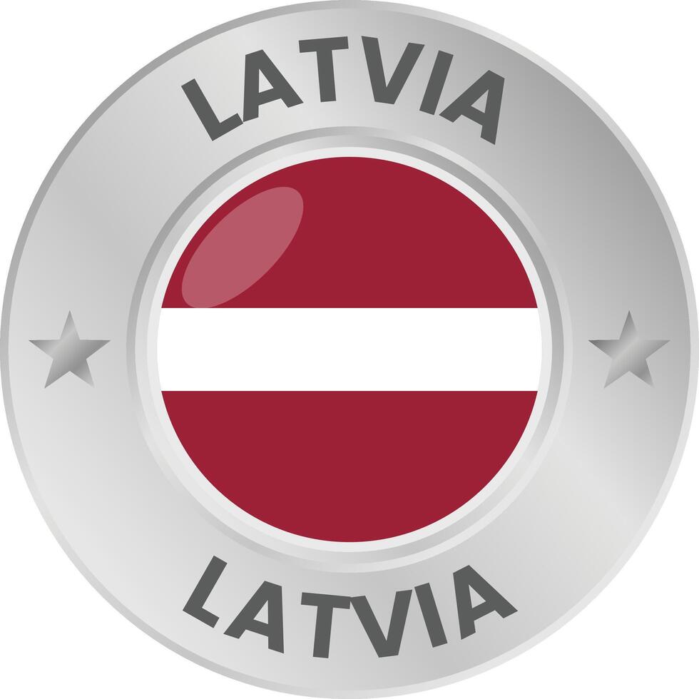 Latvia flag in silver colored medal. National flag in metal circle emblem. vector