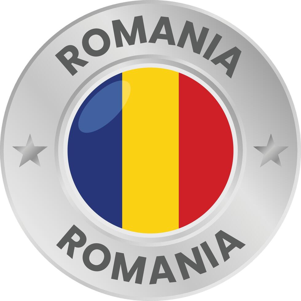 Romania flag in silver colored medal. National flag in metal circle emblem. vector