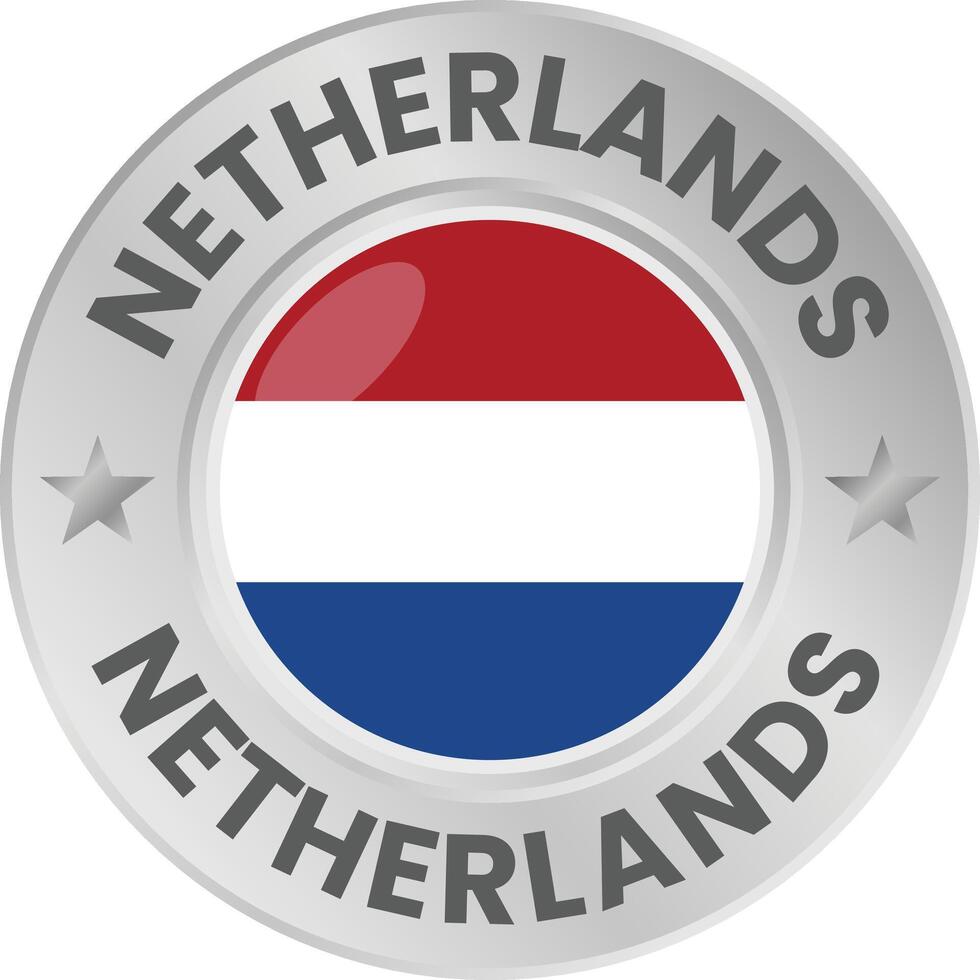 Netherlands flag in silver colored medal. National flag in metal circle emblem. vector