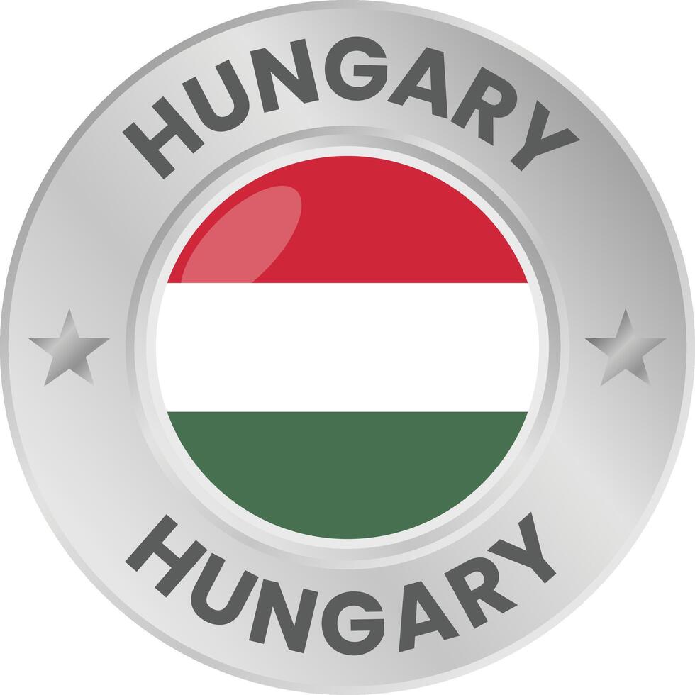 Hungary flag in silver colored medal. National flag in metal circle emblem. vector